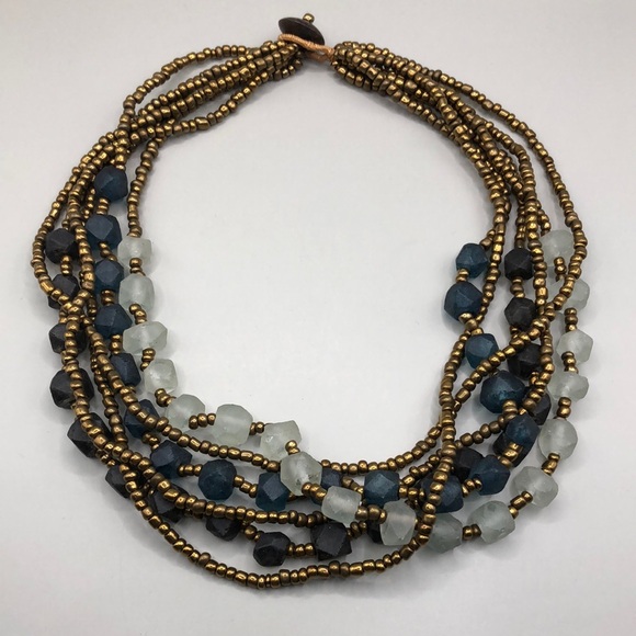 Artisan multi layered recycled glass bead boho statement style necklace. - Picture 1 of 5
